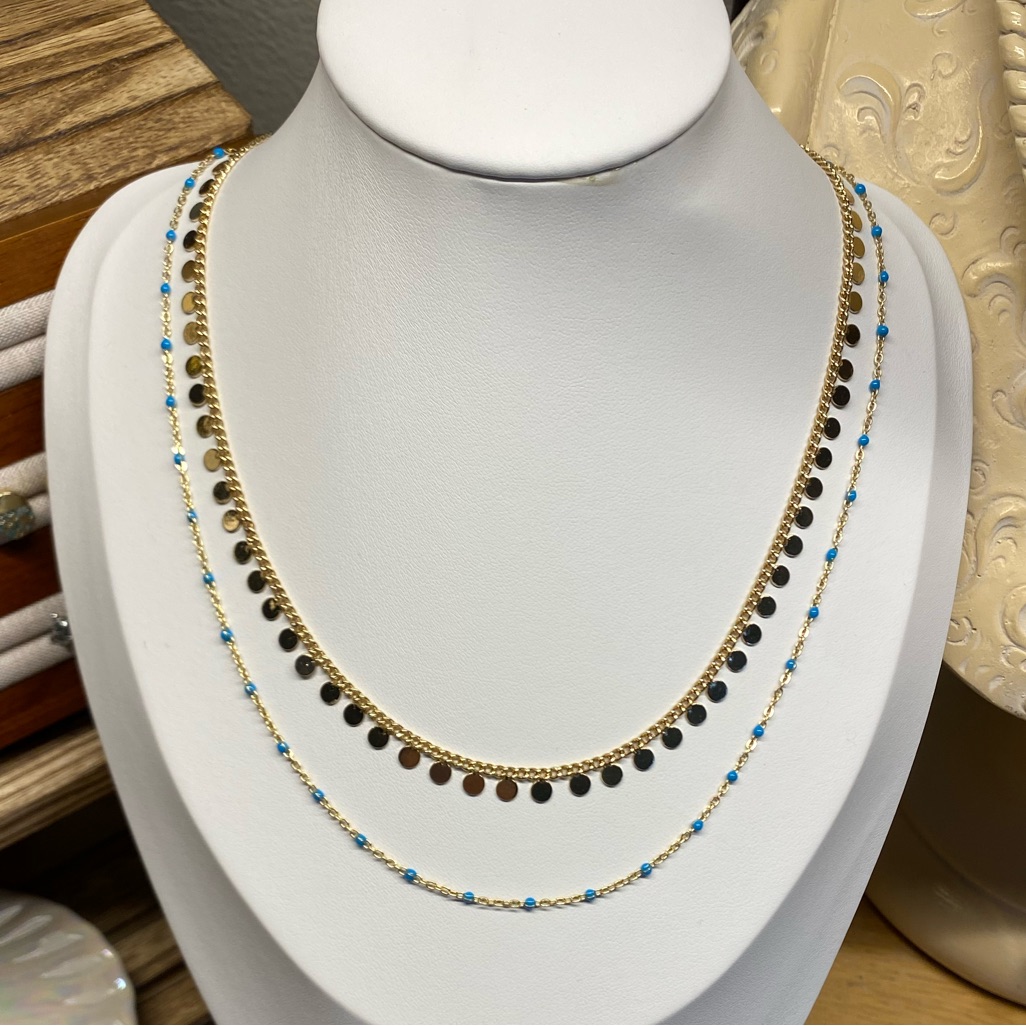 M134 Athena Stack Necklaces Blue Enamel Dainty Chain Golden Tone Gold Circles